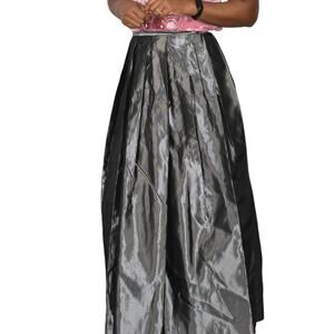 Vintage Taffeta Skirt Grey Metallic Black Tie Shiny Maxi Pleated Dressy 2 Petite
